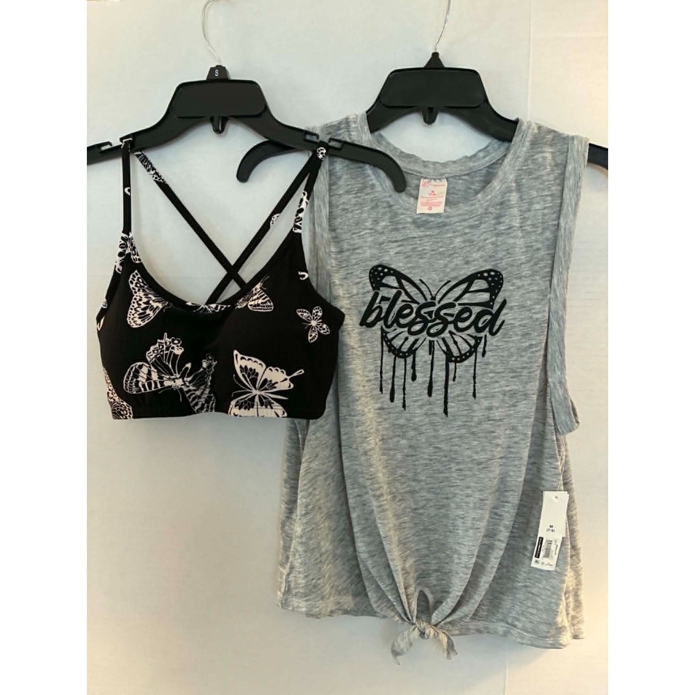 No Boundaries Butterfly Sports Bra & Blessed Graphic Muscle Tank Set Women M NWT